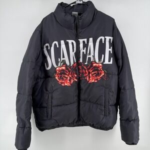 Scarface Puffer Jacket Mens Large Black The World Is Yours Roses Movie Graphic